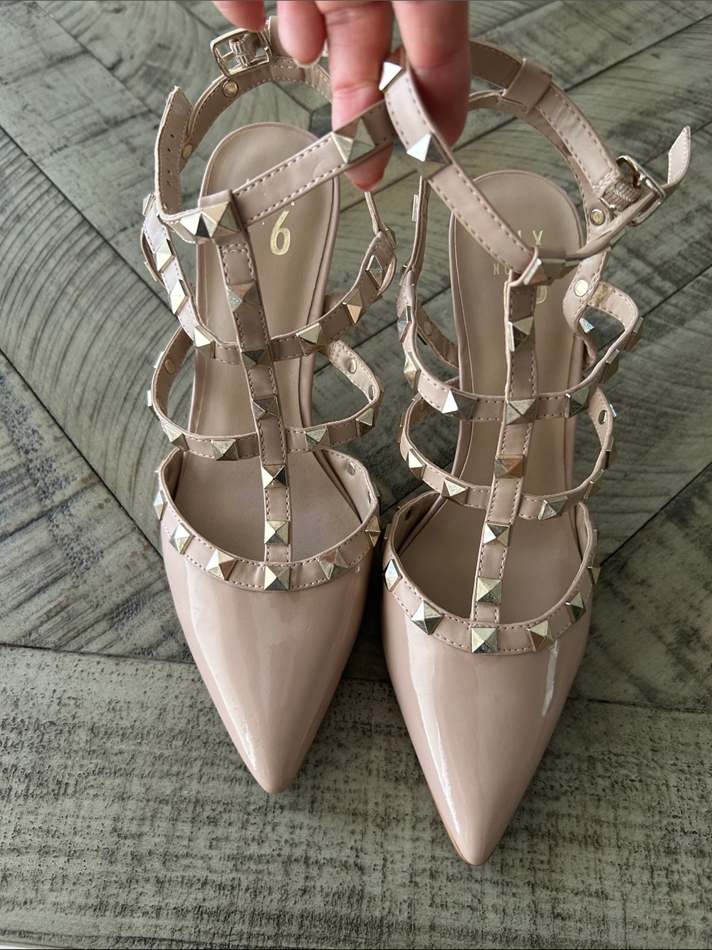 Mix No. 6 Blush Patent Pointed-Toe Studded Strappy Heels